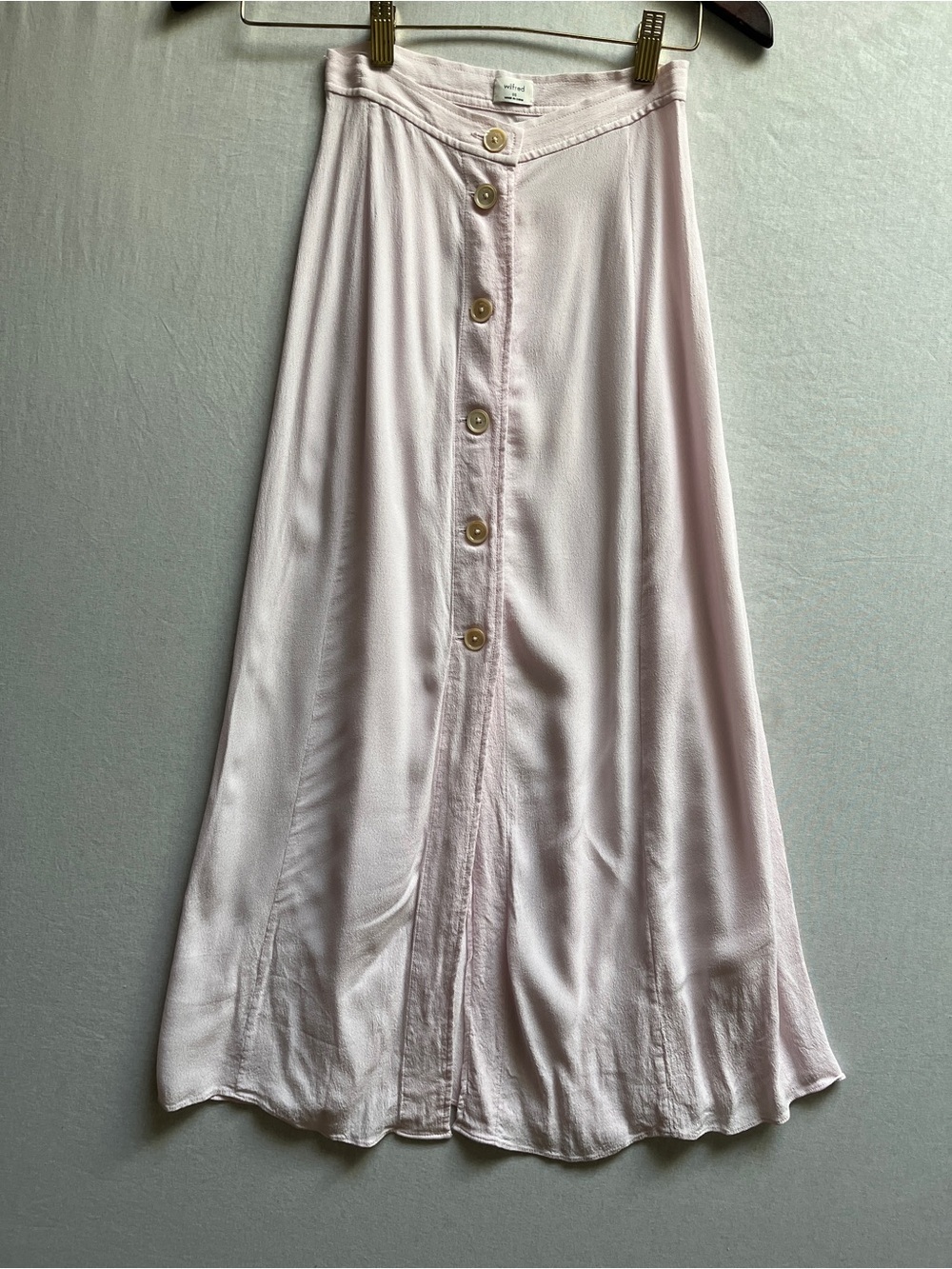 Wilfred Aritzia Amelie Button Front Light Pink Midi Skirt Size 00 XXS